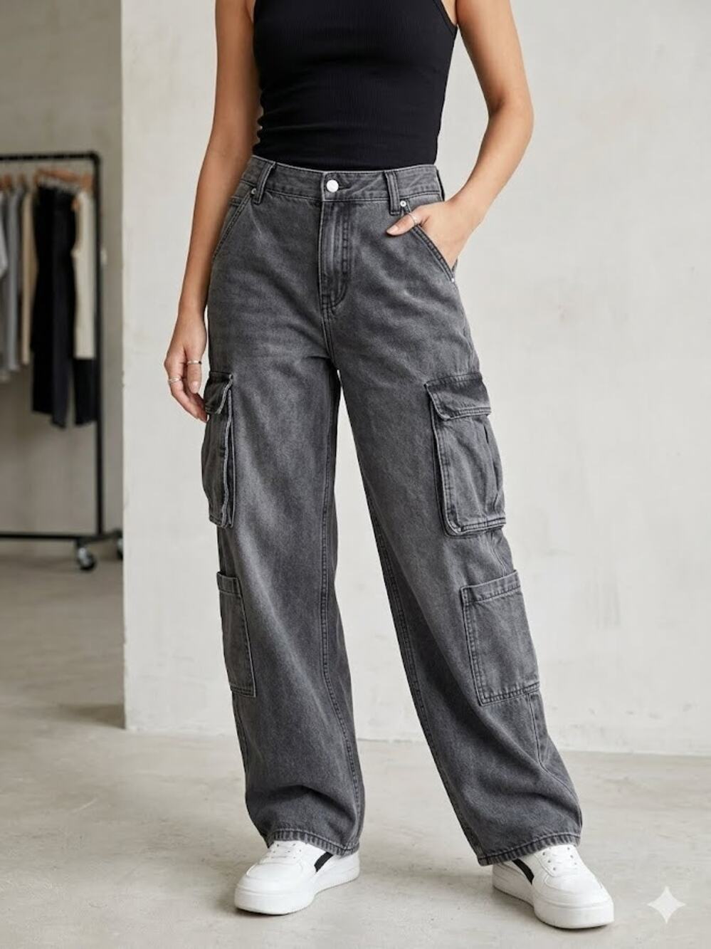 Old Navy Baggy Wide Leg Cargo Jeans Womens Mid-Rise Faded Black Denim Pants Sz 6